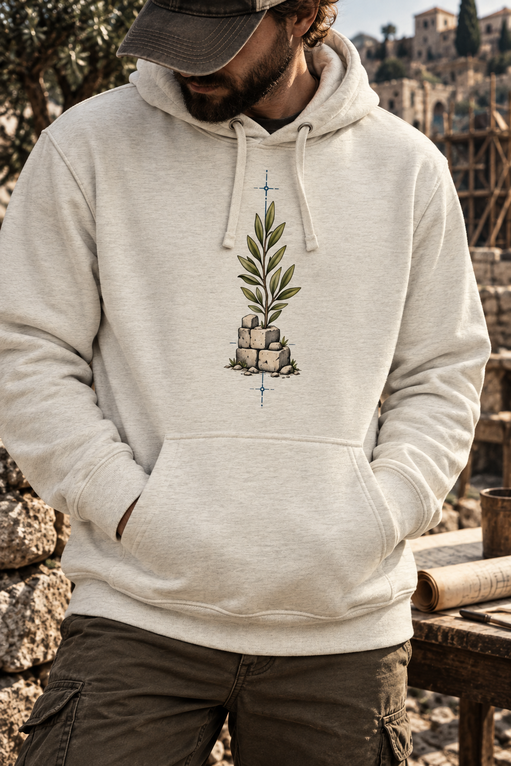 Model wearing an oatmeal heather hoodie with a leafy green sprig growing from stacked stones and fine blue drafting marks on the front.