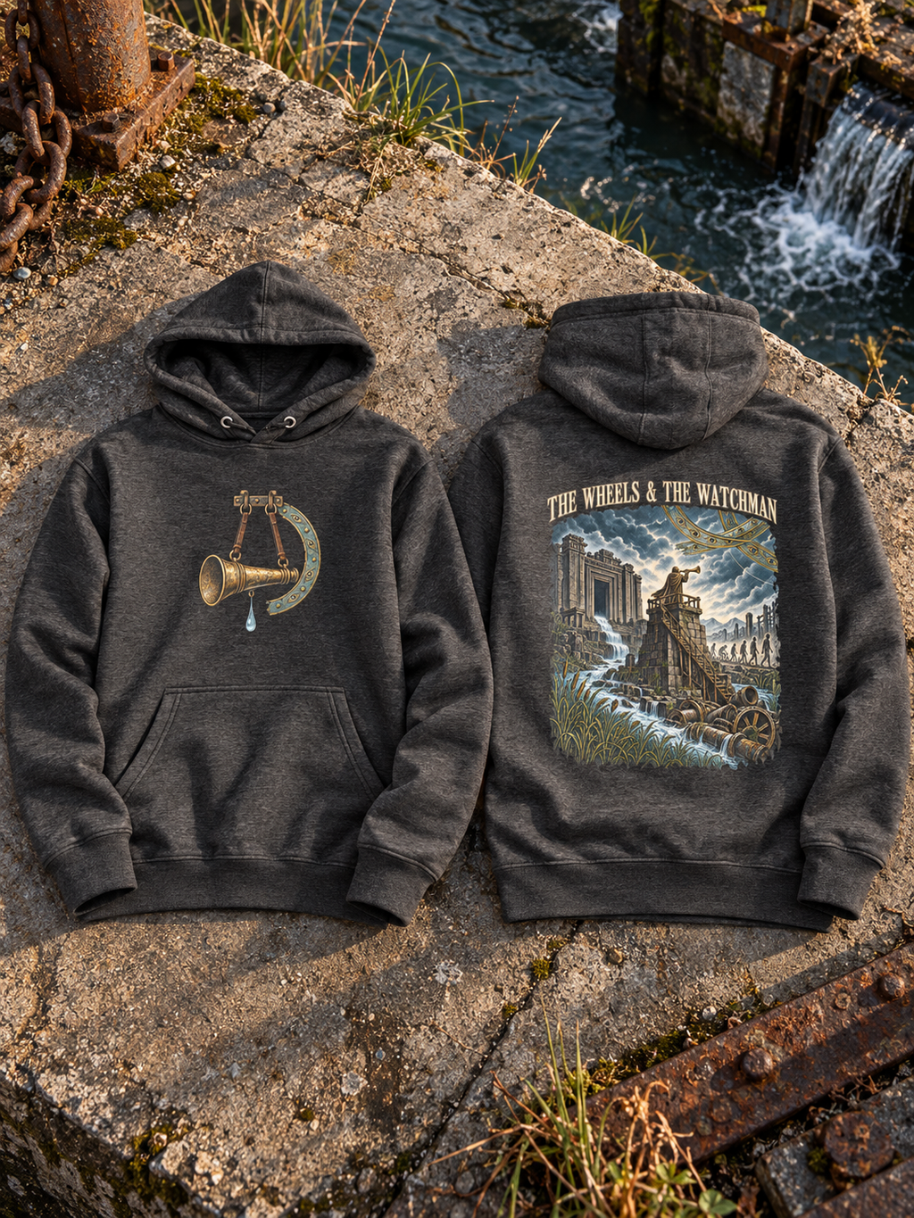 Charcoal heather hoodies laid front and back beside a canal; the front shows a suspended brass trumpet and water droplet, and the back shows a tower scene beneath THE WHEELS & THE WATCHMAN.