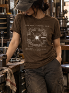 Front view of a standing model in a workshop, wearing a heather brown T-shirt with a white reaction-chamber schematic surrounding a bright central spark centered on the front.