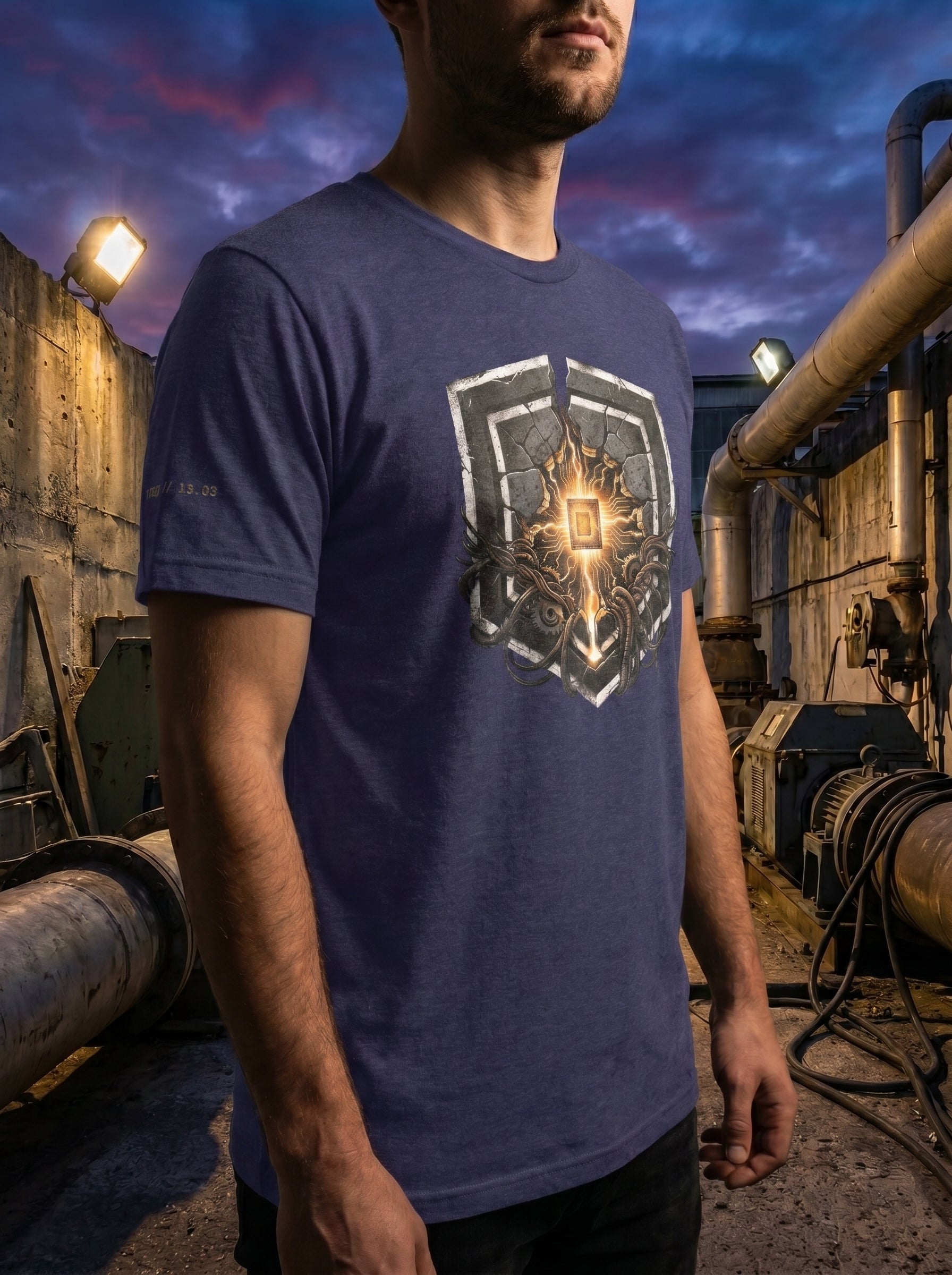 Front-facing vertical lookbook photograph of a model wearing a dark gray heather premium cotton t-shirt. The garment features a large, centered golden circular graphic emblem depicting a detailed mechanical micro-chip core layout. Clean focus on the chest print against a natural, sunlit outdoor background.