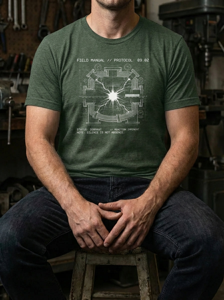 "Selah Supply Co. Component: Reaction Spec 09.02 industrial faith t-shirt in [Color Name]. Features a technical graphic representing the silence before the light of Isaiah 9:2. High-quality men's Christian clothing styled in a gritty garage workshop."