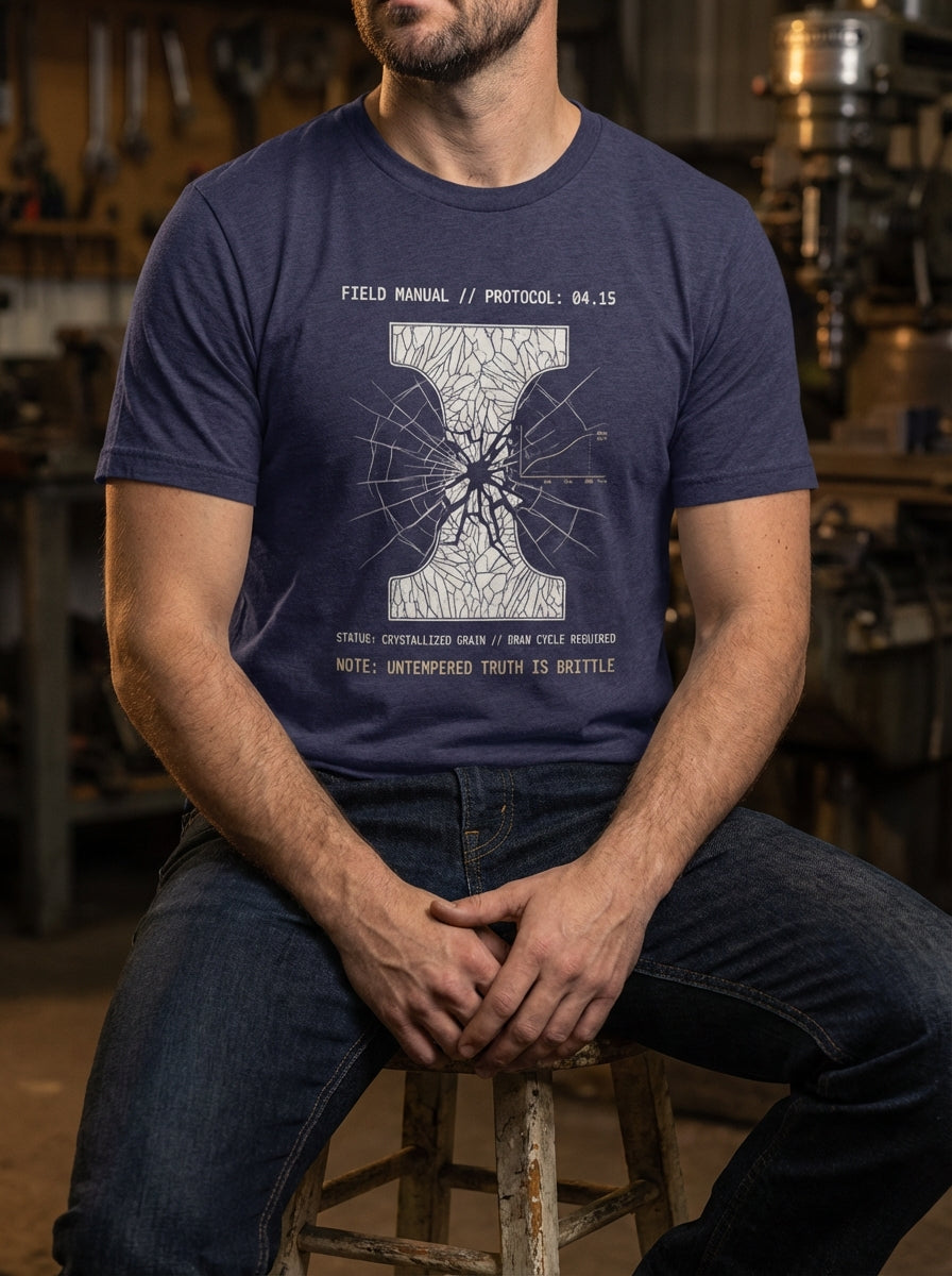 "Selah Supply Co. Component: Temper Spec 04.15 heather midnight navy Christian t-shirt. Technical industrial design with a 'Draw Cycle Required' message visualized through structural engineering diagrams. Styled for a modern urban look."