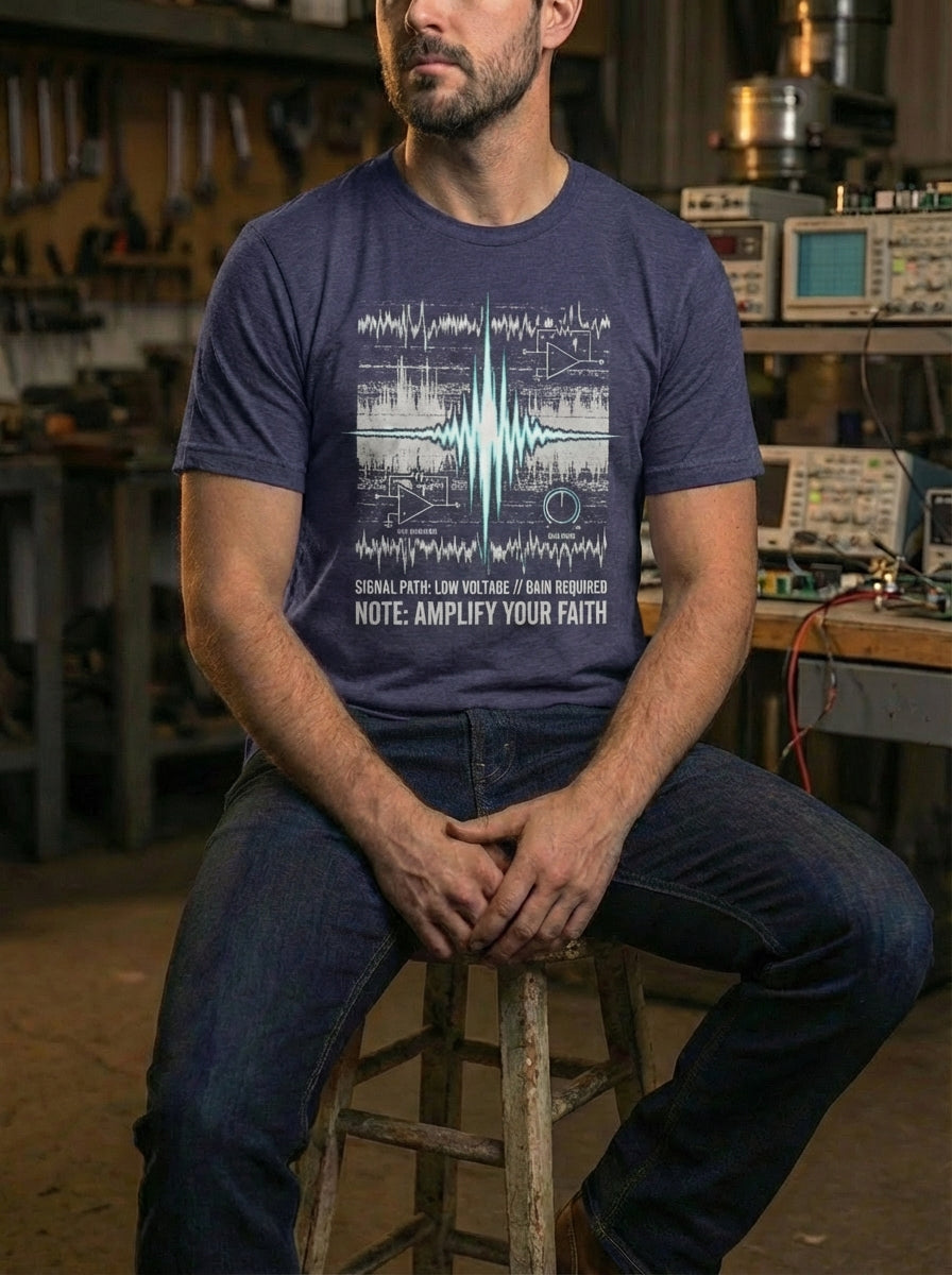 "A model wearing a navy scripture-based t-shirt in a mechanical workshop with electronics equipment and oscilloscopes. The industrial graphic design visualizes 'amplifying your faith' in a gritty, conversation-starting urban aesthetic."