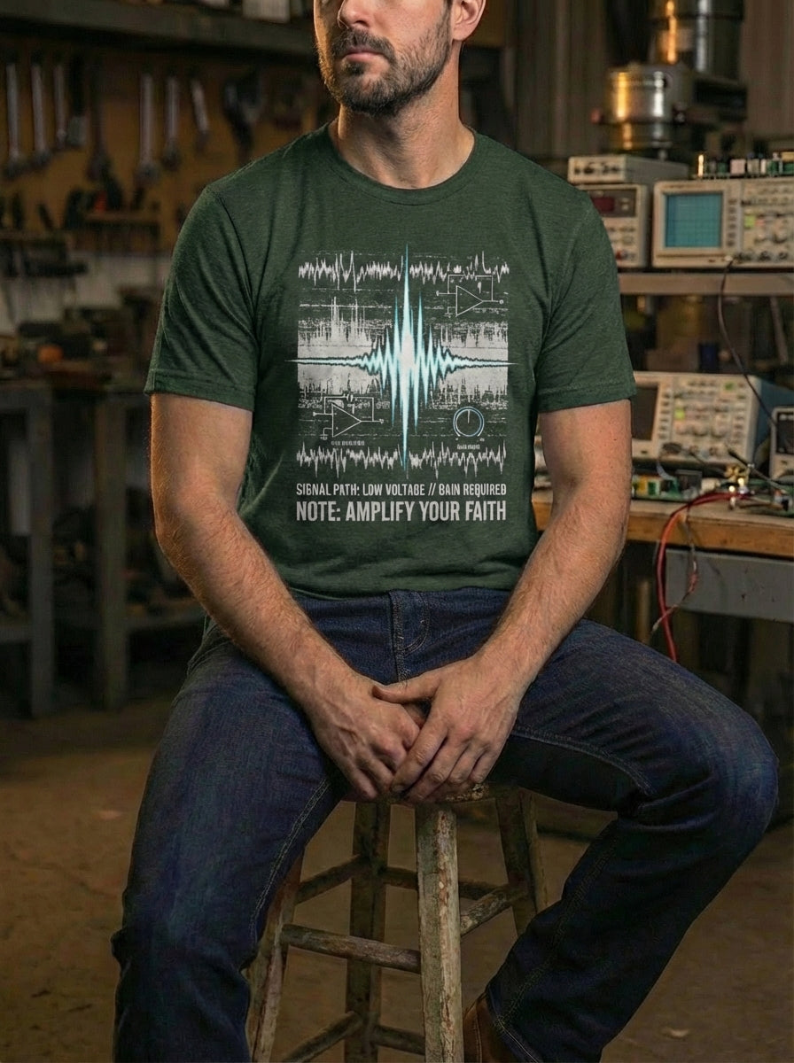 "Selah Supply Co. heather emerald Component: Gain t-shirt. Industrial Christian streetwear showing the signal path of prayer cutting through noise floor static. High-quality faith-based graphic tee."