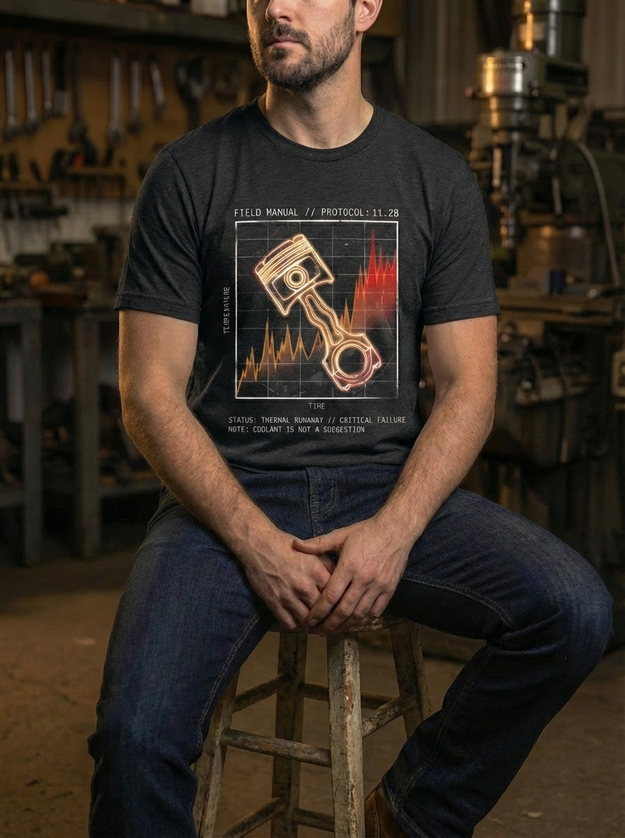 "Selah Supply Co. dark grey heather industrial faith t-shirt. Features a technical graphic of a warped piston assembly and cooling system schematics. High-quality men's Christian streetwear styled in a garage workshop environment."