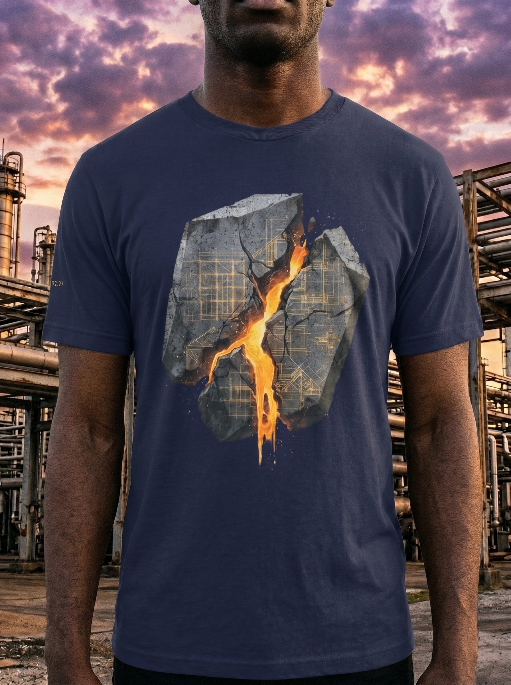Person wearing a blue t-shirt with a graphic design in an industrial setting