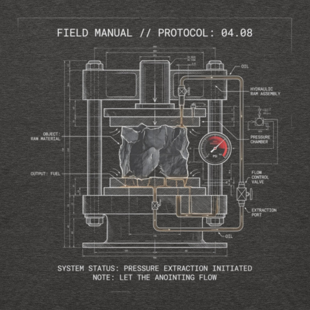 Technical blueprint detail of the Extraction graphic: An industrial tonnage press labeled 'SYSTEM STATUS: PRESSURE EXTRACTION INITIATED,' visualizing the process of anointing under pressure.