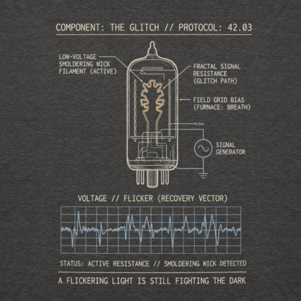 Close-up of the Component: Glitch // Spec 42.03 design. Technical text reads 'STATUS: ACTIVE RESISTANCE' and 'NOTE: A FLICKERING LIGHT IS STILL FIGHTING THE DARK,' visualizing the theology of Isaiah 42:3.