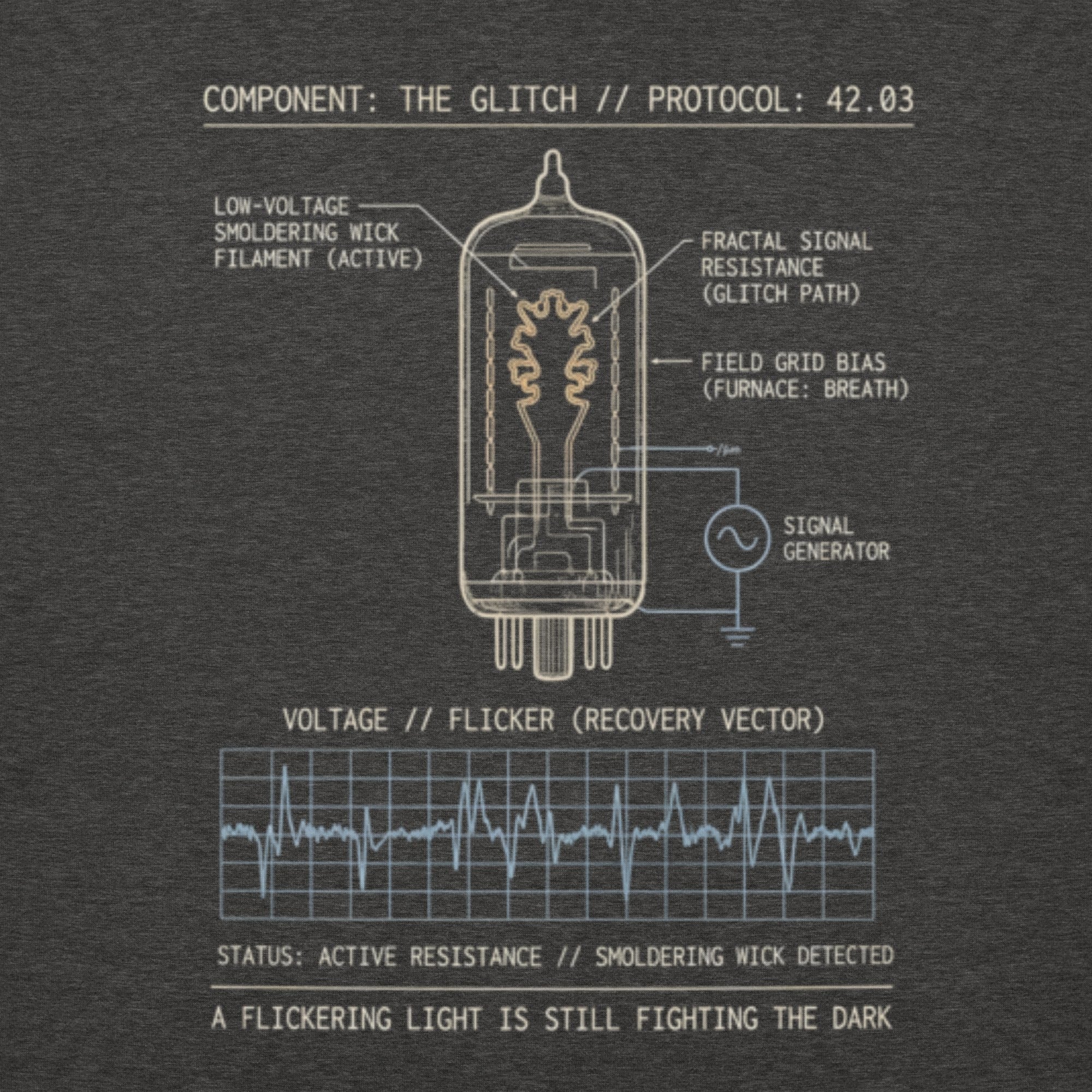 Close-up of the Component: Glitch // Spec 42.03 design. Technical text reads 'STATUS: ACTIVE RESISTANCE' and 'NOTE: A FLICKERING LIGHT IS STILL FIGHTING THE DARK,' visualizing the theology of Isaiah 42:3.