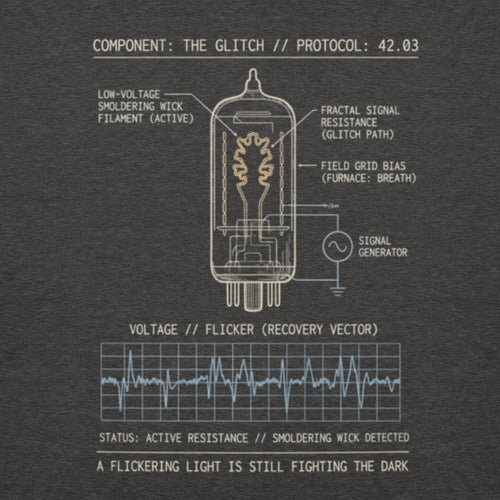 Close-up of the Component: Glitch // Spec 42.03 design. Technical text reads 'STATUS: ACTIVE RESISTANCE' and 'NOTE: A FLICKERING LIGHT IS STILL FIGHTING THE DARK,' visualizing the theology of Isaiah 42:3.