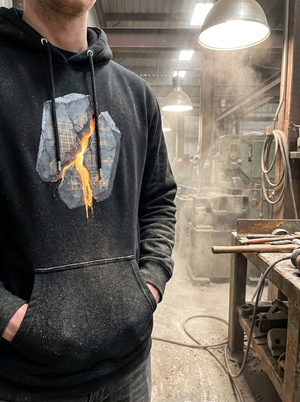 Model wearing the Selah Supply Co. Black Transmission: Breach // Freq: 02.17 streetwear hoodie, showcasing the brutalist front graphic with its intense glowing amber blueprint grid.