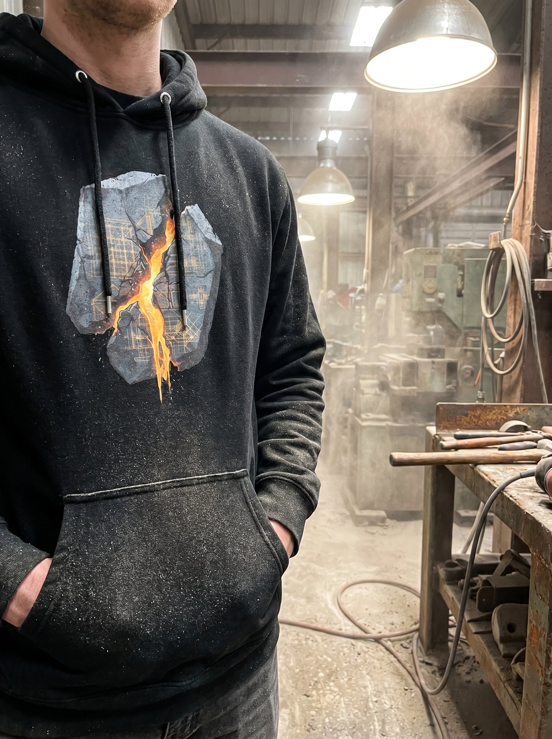 Model wearing the Selah Supply Co. Black Transmission: Breach // Freq: 02.17 streetwear hoodie, showcasing the brutalist front graphic with its intense glowing amber blueprint grid.