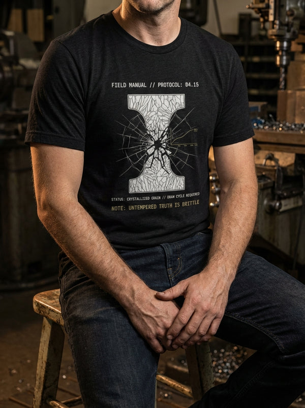 "Selah Supply Co. Component: Temper Spec 04.15 black heather Christian t-shirt. Model in a gritty industrial workshop wearing a graphic tee that uses brittle steel as a metaphor for truth without love in Ephesians 4:15."