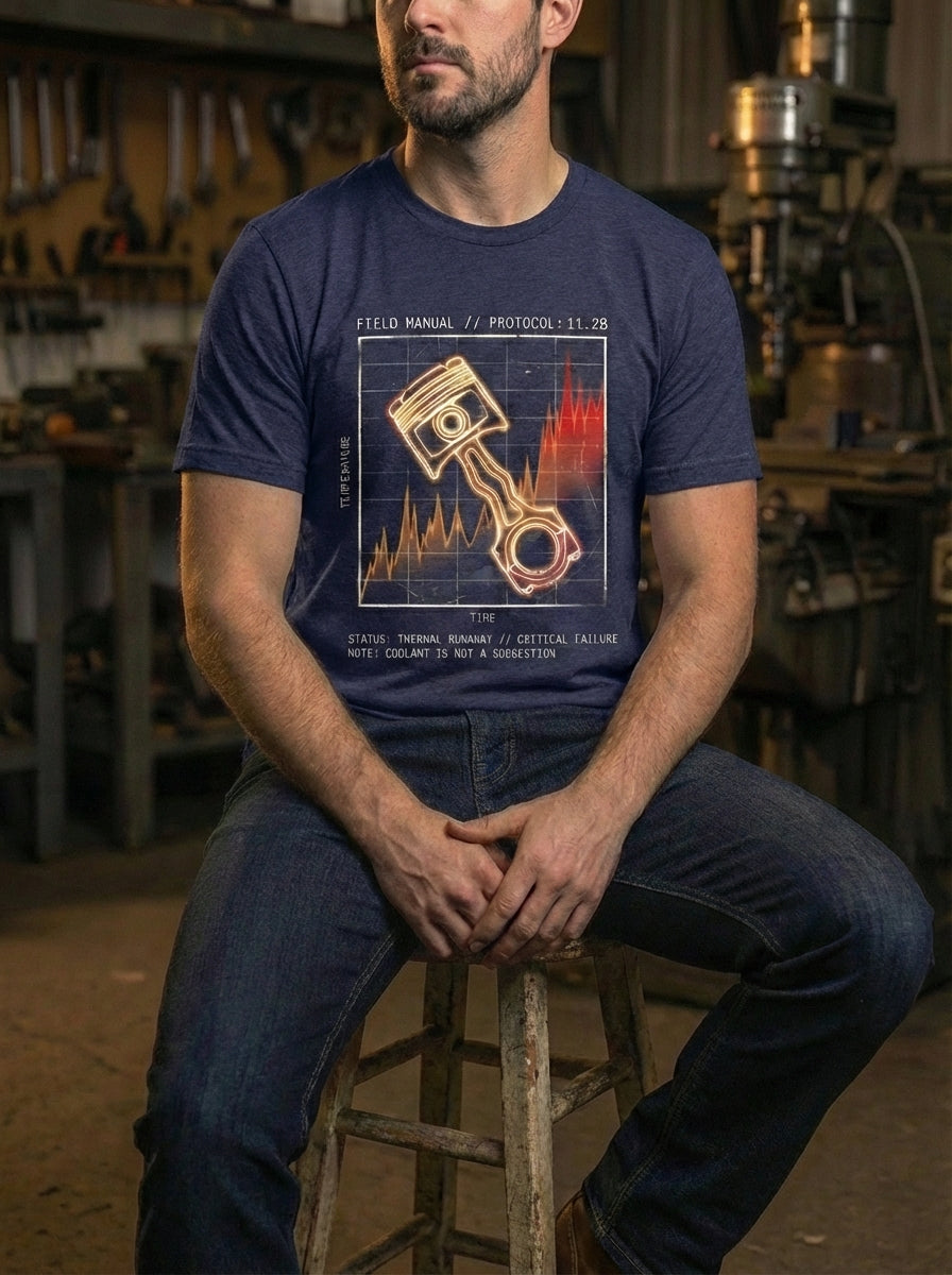 "Selah Supply Co. Component: Thermal Spec 11.28 heather midnight navy Christian t-shirt. Industrial streetwear design showing a thermodynamic temperature spike and cooling cycle diagrams based on the message of rest in Matthew 11:28."