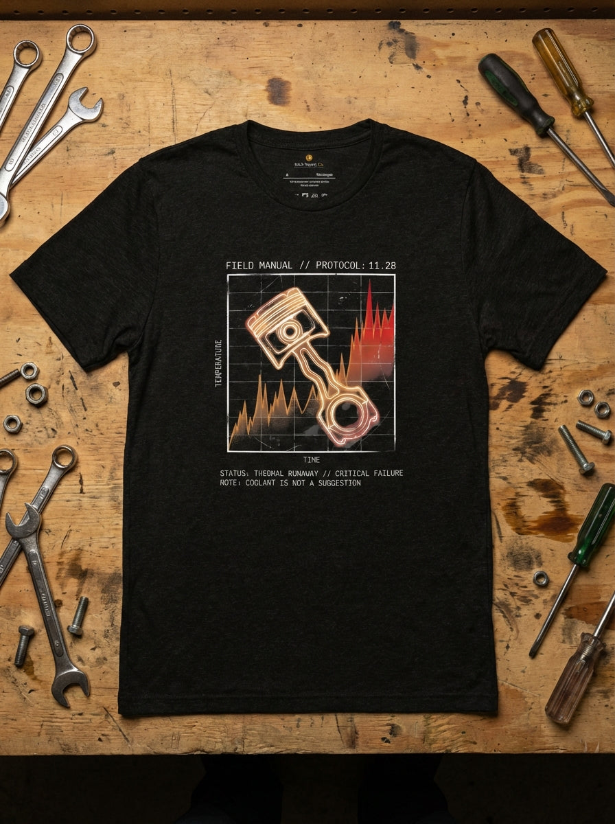 "Black heather 'Thermal' t-shirt laid flat on a rustic wooden workbench with mechanical tools. The graphic features a detailed thermodynamic chart and fused piston design inspired by the 'Story of the Spike' and Matthew 11:28."