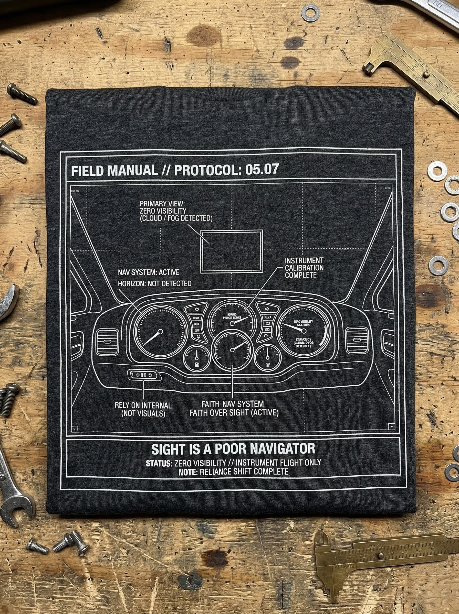 Close-up of the Component Navigation // Spec 05.07 schematic, highlighting the technical design elements that represent 'flying by instruments' through faith.