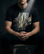 Model wearing the Black Heather Imputed Tee with blue, charcoal and gold fracture artwork.