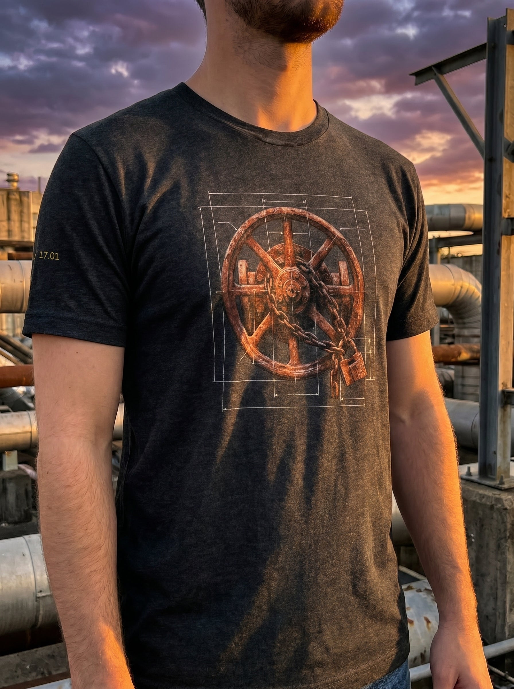 Close-up of a dark gray heather t-shirt featuring an industrial graphic print of a weathered wooden wheel bound by a metal chain and padlock, layered over a white architectural blueprint grid schematic. The sleeve features a lowercase monospace "17.01" numeric print, set against an outdoor industrial background of pipes under a sunset sky.
