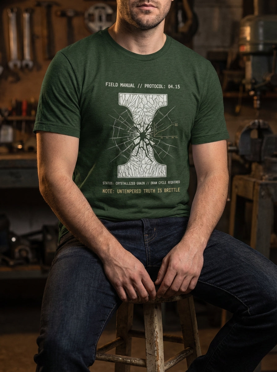 "Selah Supply Co. heather emerald Component: Temper t-shirt. Industrial streetwear design showing the 'shatter point' of untempered truth. Premium faith-based clothing for those who value the balance of truth and love."