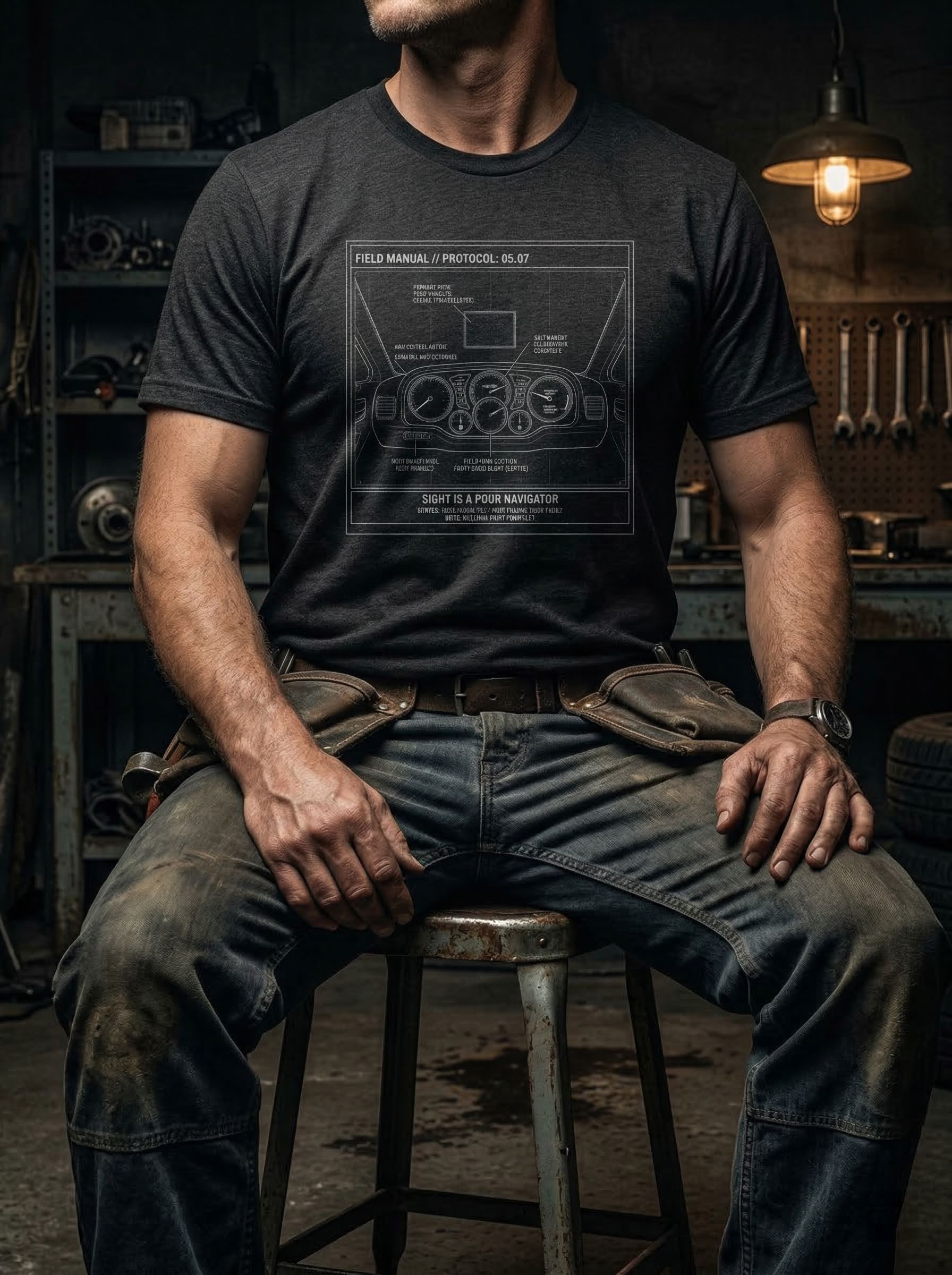 Man wearing the dark grey heather Component Navigation t-shirt featuring an industrial instrument schematic based on 2 Corinthians 5:7 by Selah Supply Co.