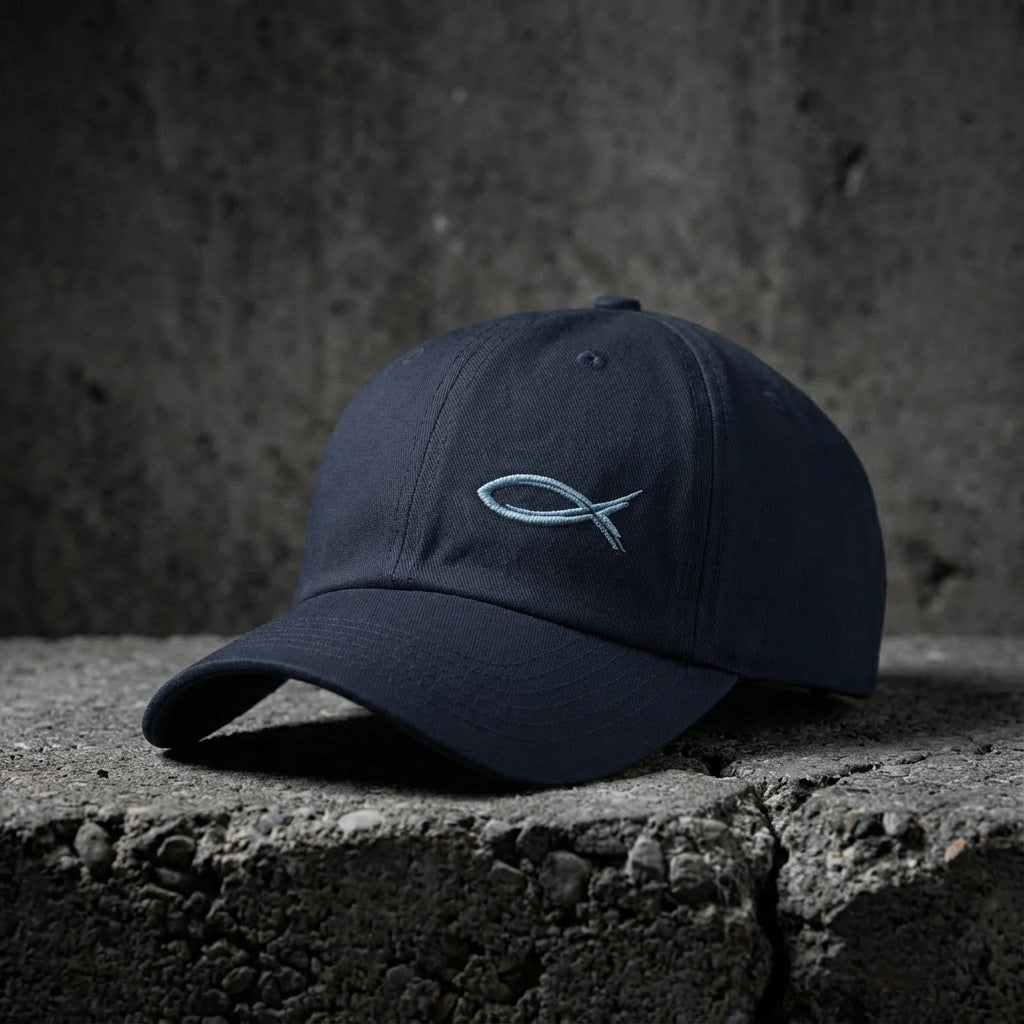 Navy Sand Sketch Cap with light fish embroidery on concrete.