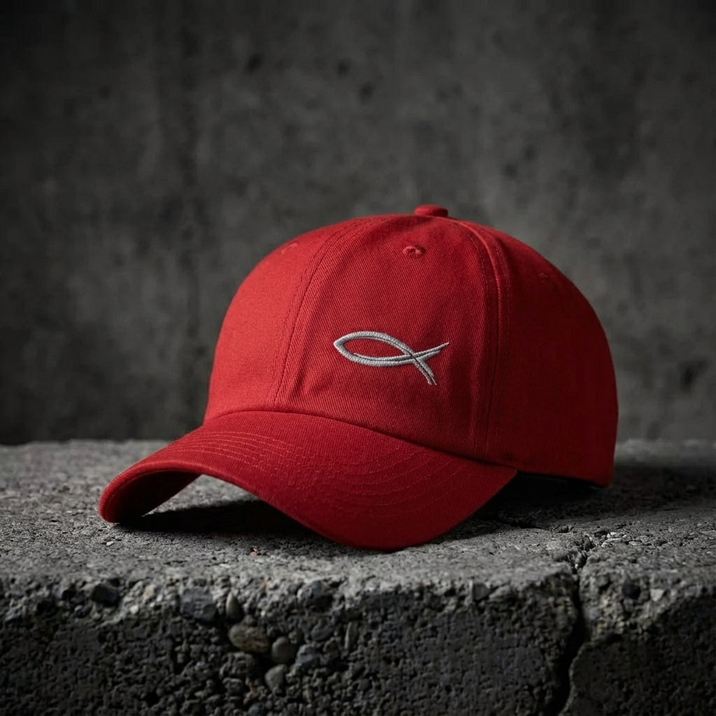 Red cap with a fish symbol on a dark stone surface