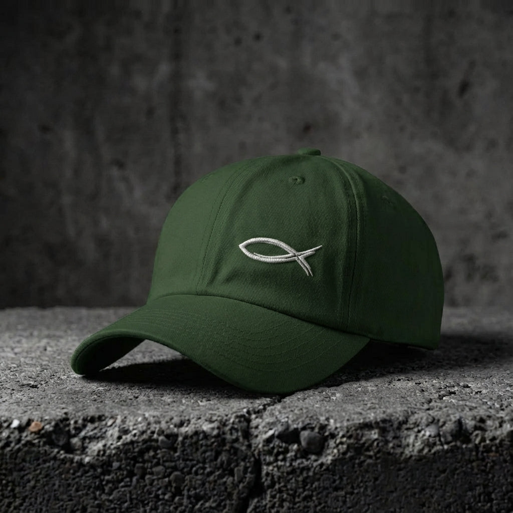Green cap with a fish logo on a dark surface