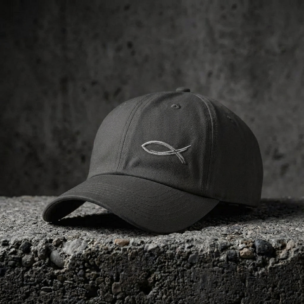 Dark gray cap with a fish symbol on a textured surface