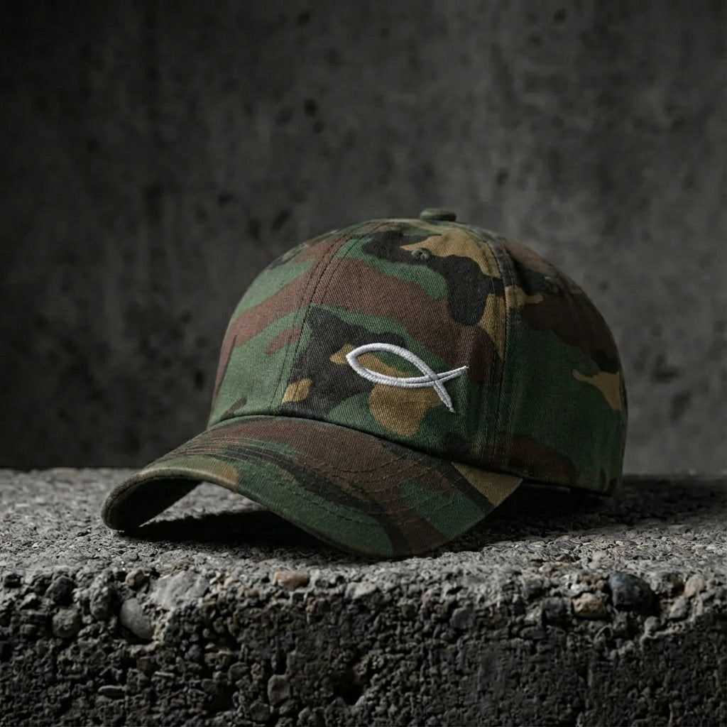 Camouflage baseball cap with a white fish symbol on a concrete surface.