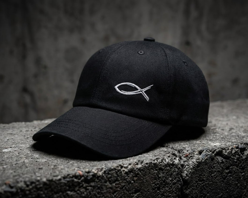 Black cap with a white fish symbol on a concrete surface