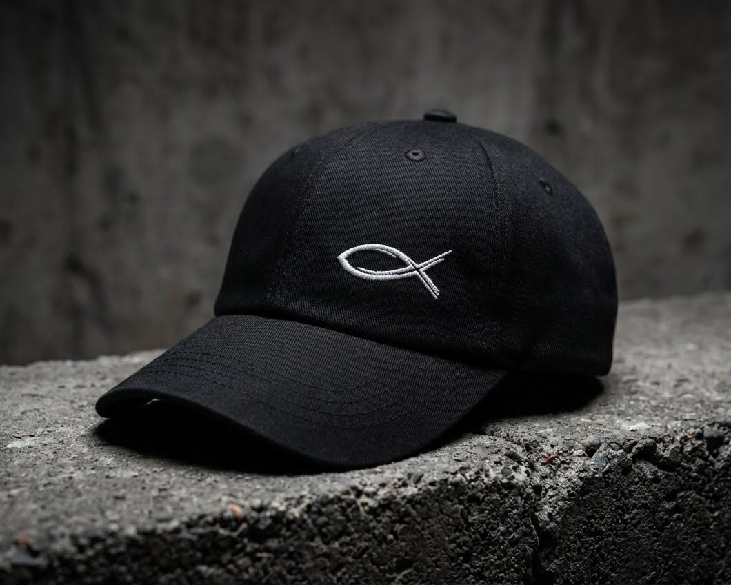 Black cap with a white fish symbol on a concrete surface