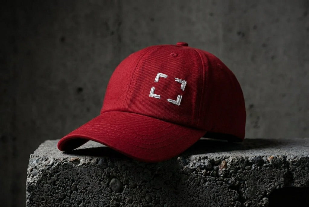 Cranberry Cornerstone Hat with four light embroidered corner marks on concrete.