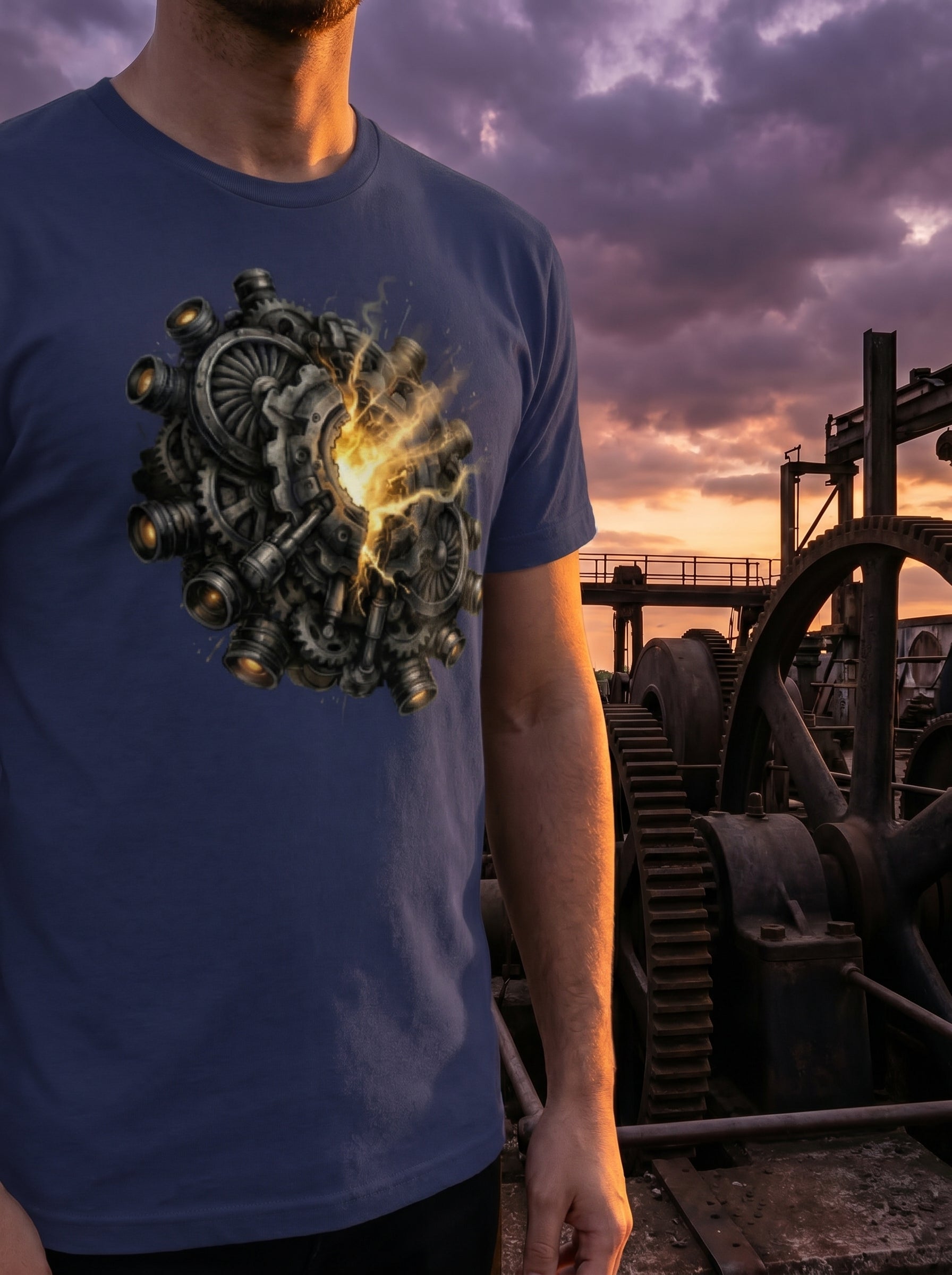 Person wearing a blue t-shirt with a mechanical design, standing in front of industrial machinery and a sunset.
