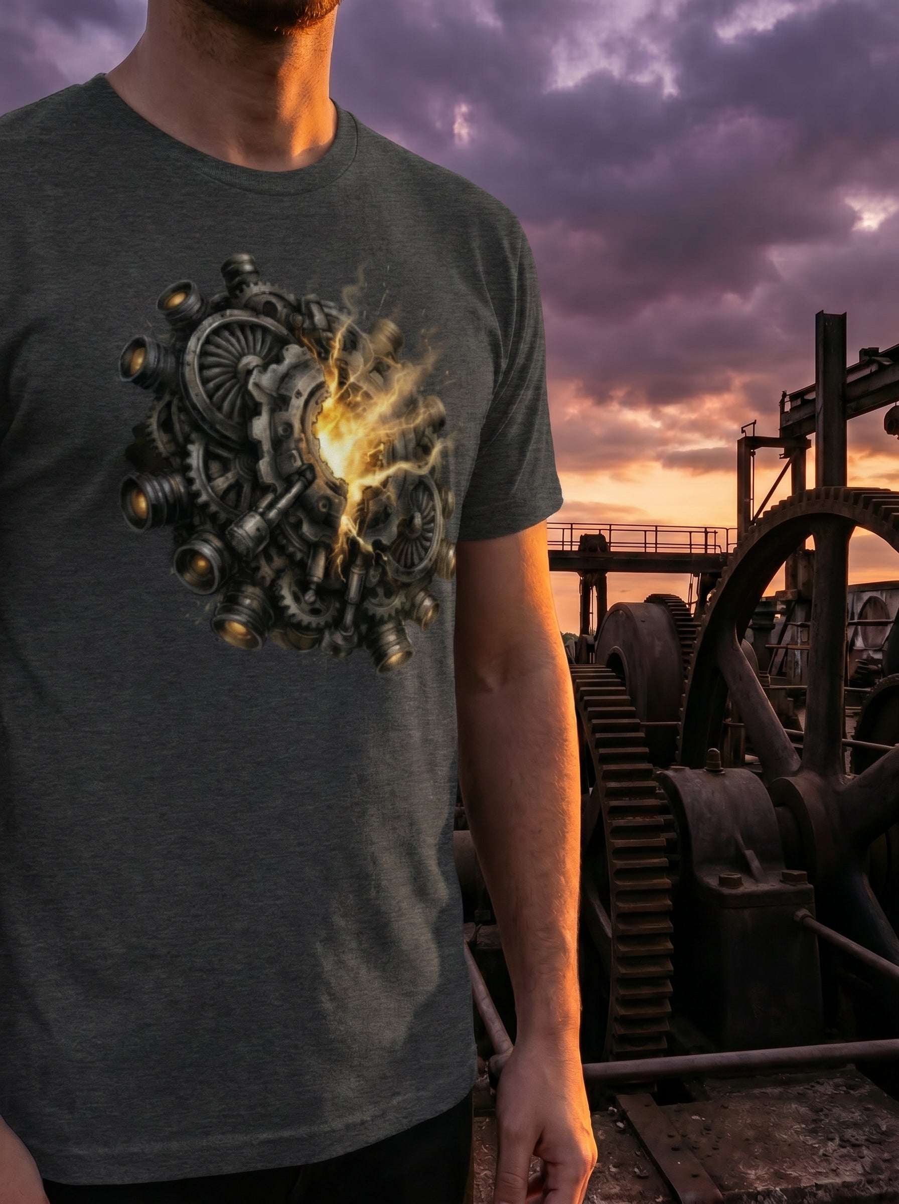 Person wearing a t-shirt with a mechanical design, standing in front of a sunset over water.