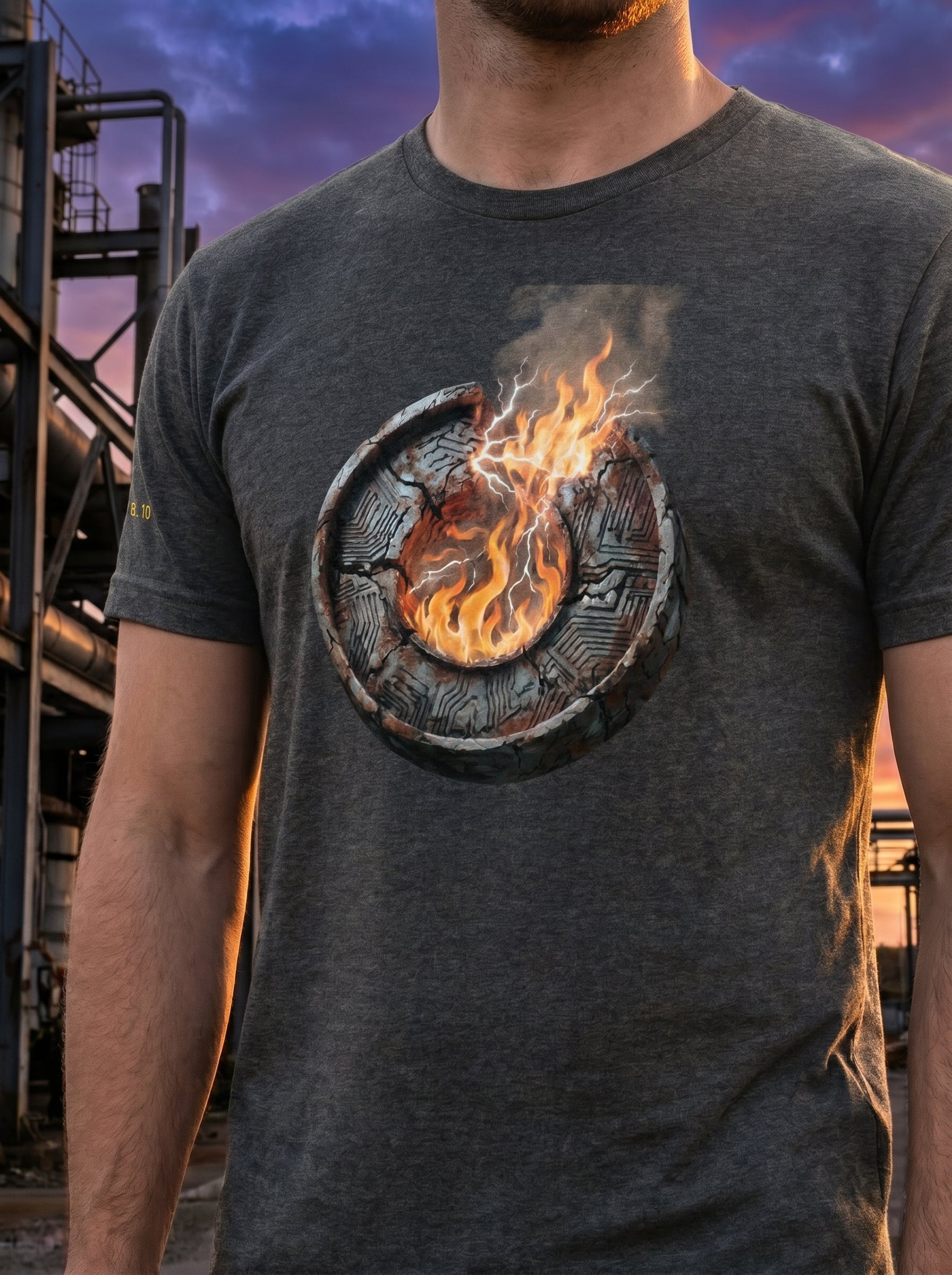 Close-up outdoor apparel photo focusing on the upper chest and fabric texture of the black premium t-shirt. The image highlights the high-fidelity details of the vibrant orange flame and circular mechanical core graphic, set against a blurred background of weathered industrial infrastructure.