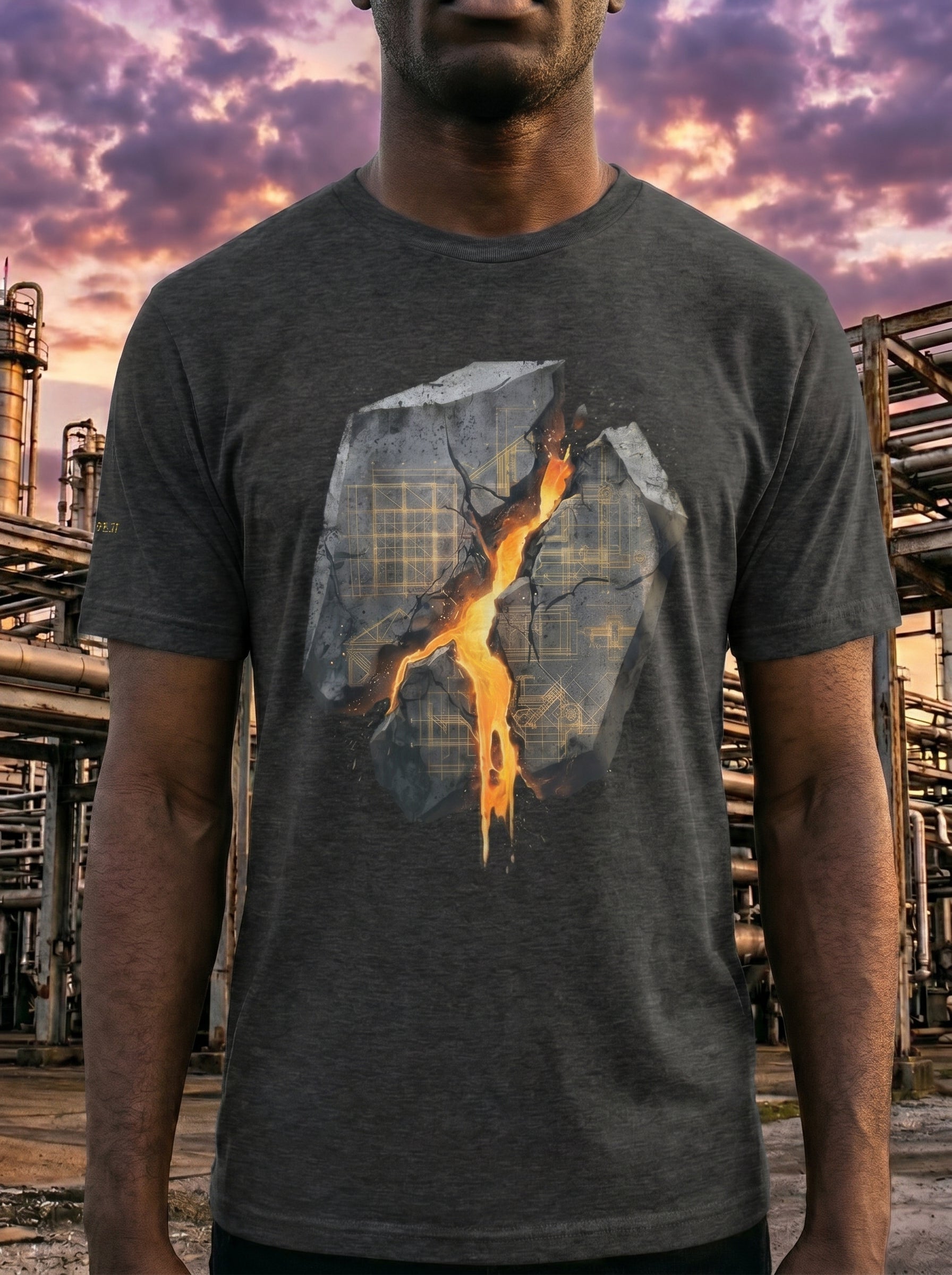 Person wearing a t-shirt with a graphic design of a building on fire against a sunset sky.