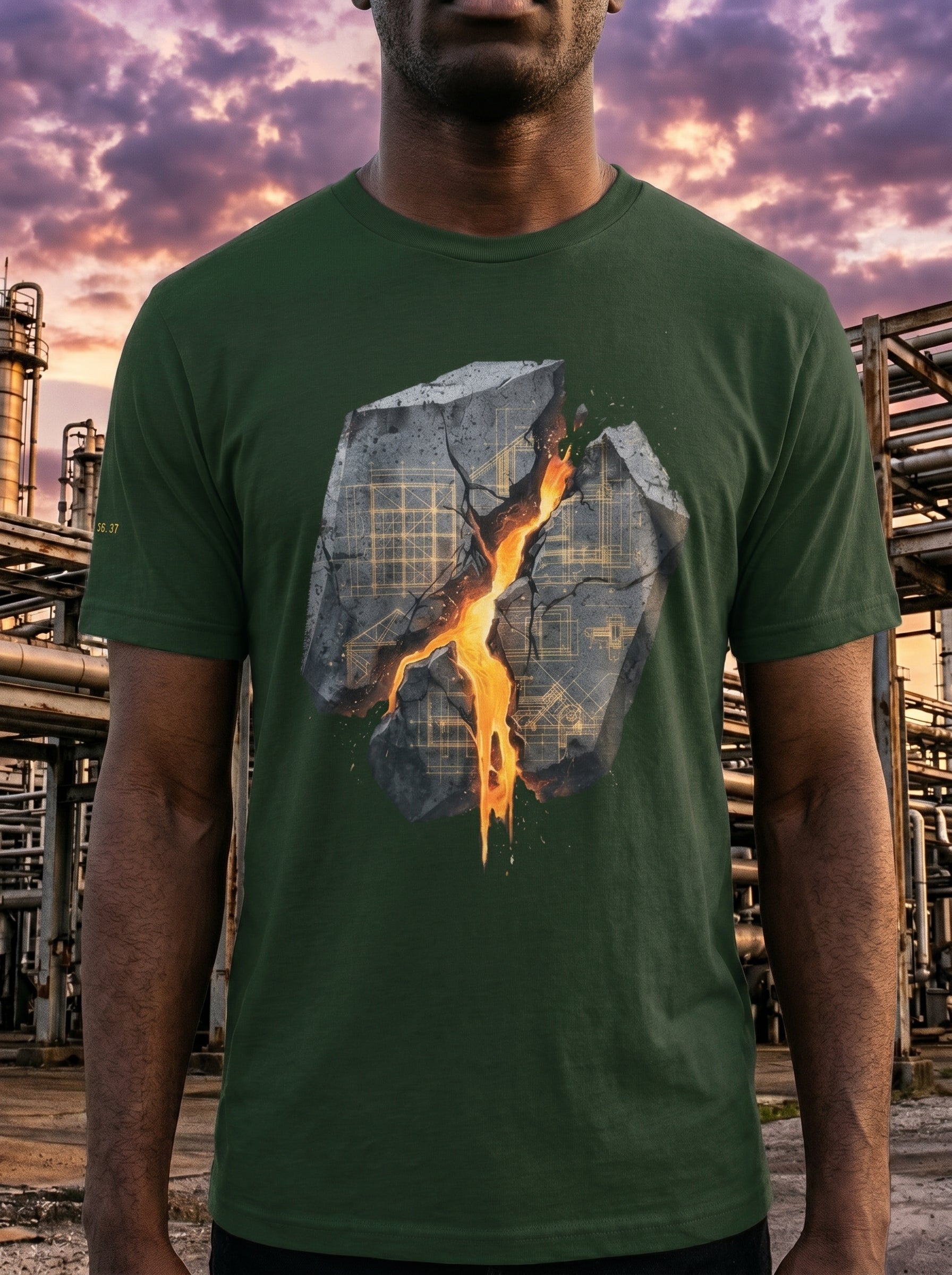Person wearing a green t-shirt with a graphic design in an industrial setting