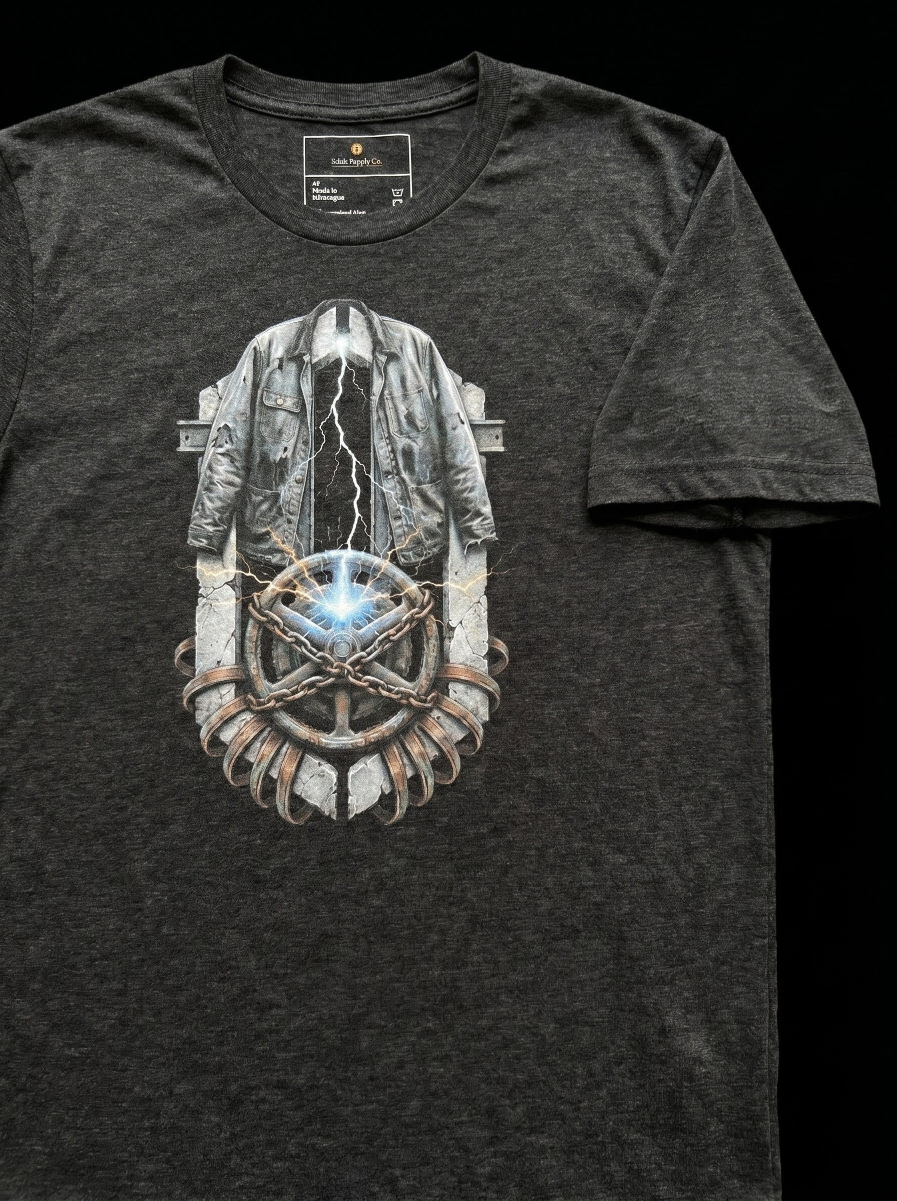 Close-up product shot focusing on the high-fidelity details of the centered chest graphic. The image showcases the sharp, high-contrast white technical line-work and complex mechanical core schematic printed cleanly against the dark textured heather fabric.