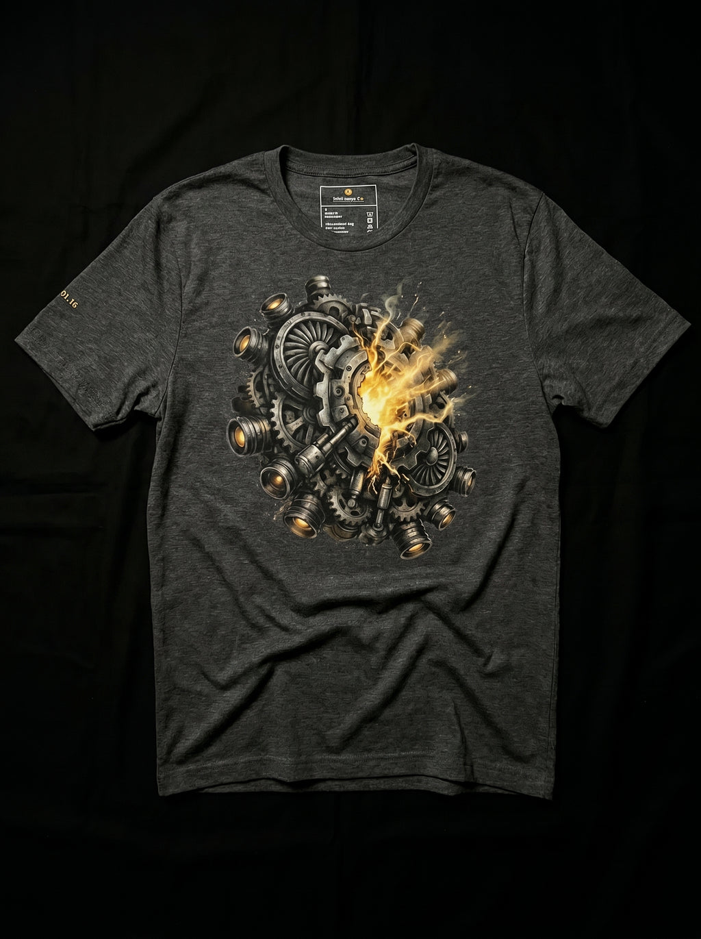 Dark gray t-shirt with a mechanical design on a black background