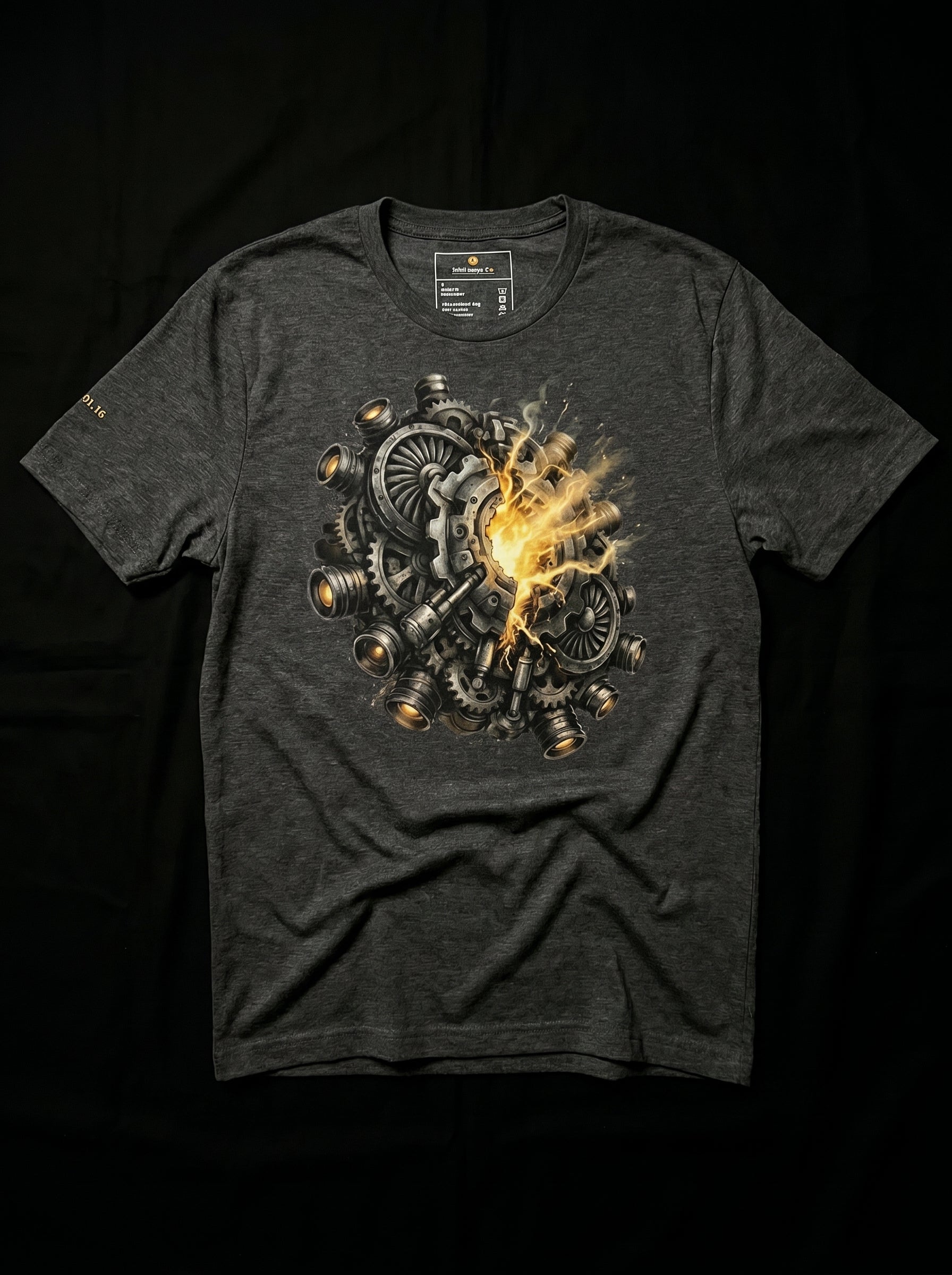 Dark gray t-shirt with a mechanical design on a black background