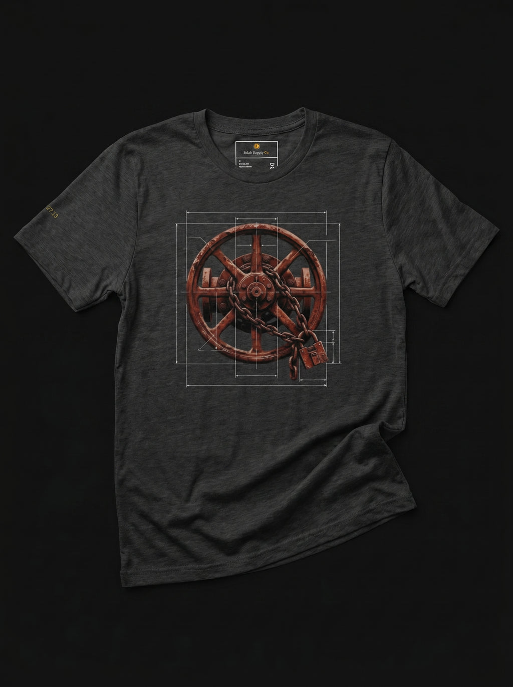 Dark gray t-shirt with a rusted wheel graphic on a black background