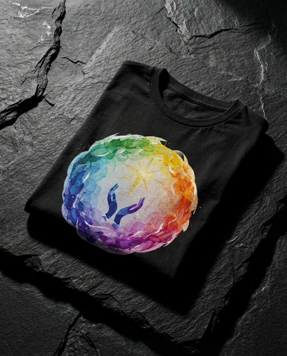 Vintage Black 'The Supplication' t-shirt laid flat on a dark industrial surface. The colorful circular graphic features the 'Radiant Star' of God's peace at the center of life's chaotic situations. Premium conversation-starting faith appare