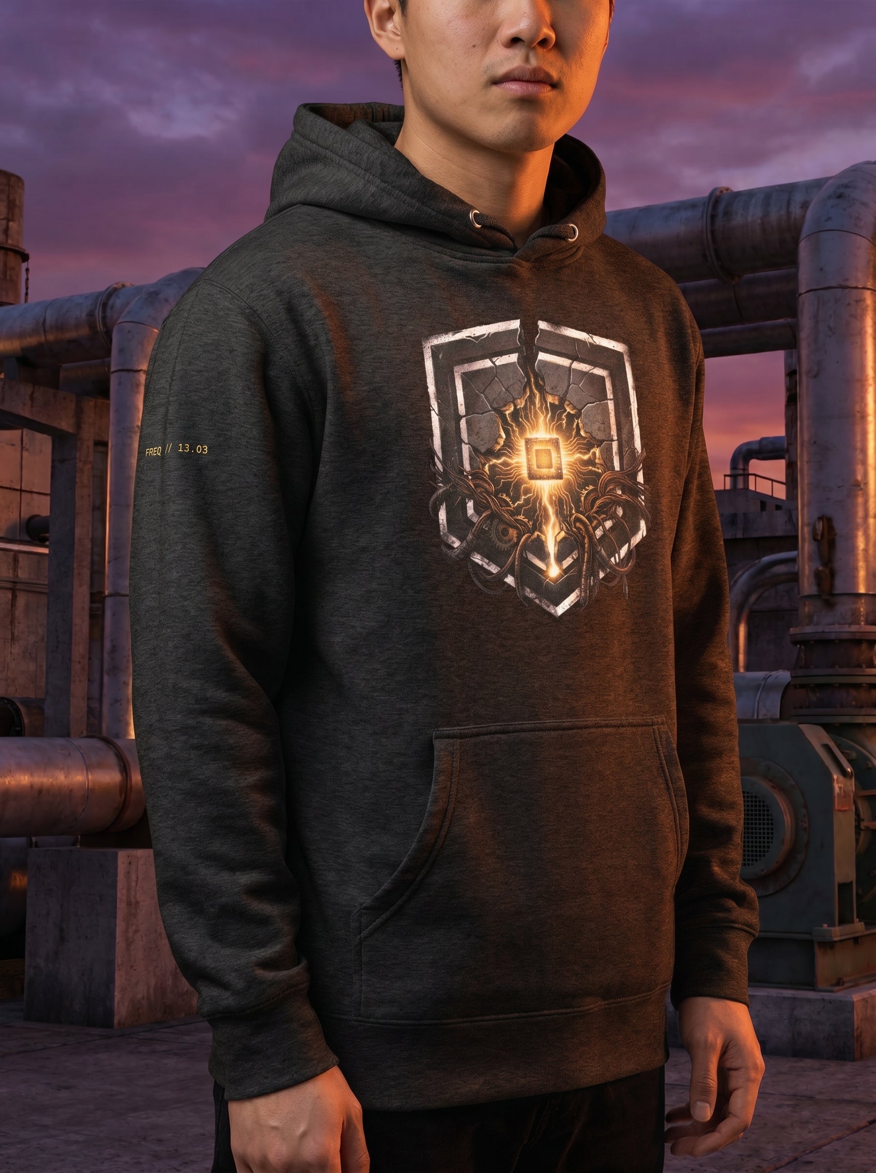 Model wearing the Selah Supply Co. Charcoal Heather Transmission: Mustard // FREQ 13.03 hoodie, showcasing the premium fabric fit and brutalist architectural art against an industrial backdrop.