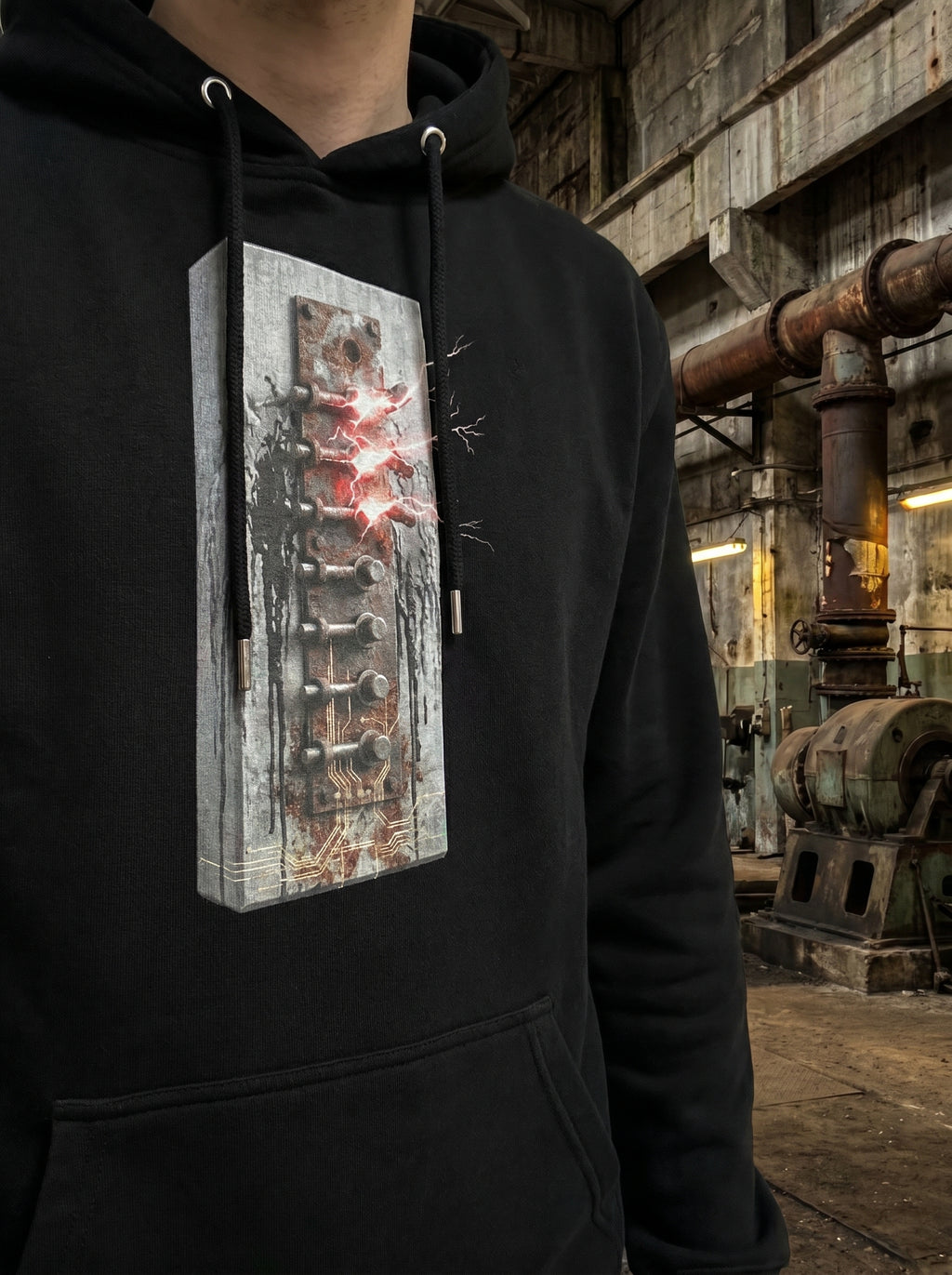Model wearing the Selah Supply Co. Black Transmission: Override // FREQ 05.01 streetwear hoodie, showcasing the high-contrast vertical brutalist spine graphic with glowing red accents.