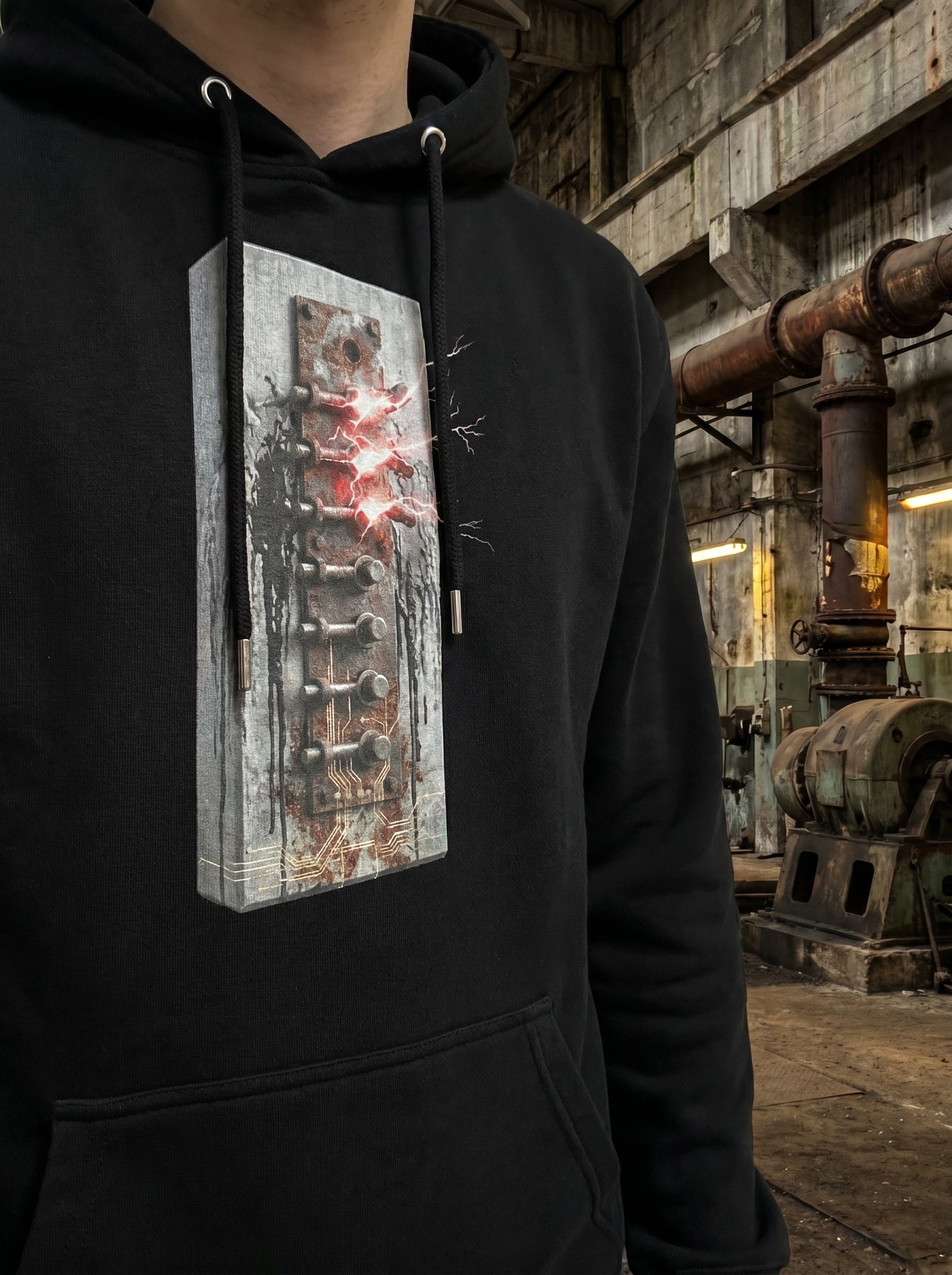 Model wearing the Selah Supply Co. Black Transmission: Override // FREQ 05.01 streetwear hoodie, showcasing the high-contrast vertical brutalist spine graphic with glowing red accents.