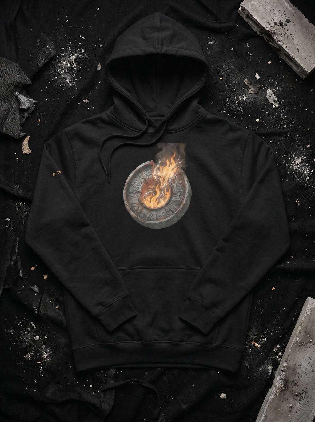 Front flat view of the Selah Supply Co. Black Transmission: Firewall Falls hoodie, displaying the high-definition circular burning core graphic print and textured distressed design elements.