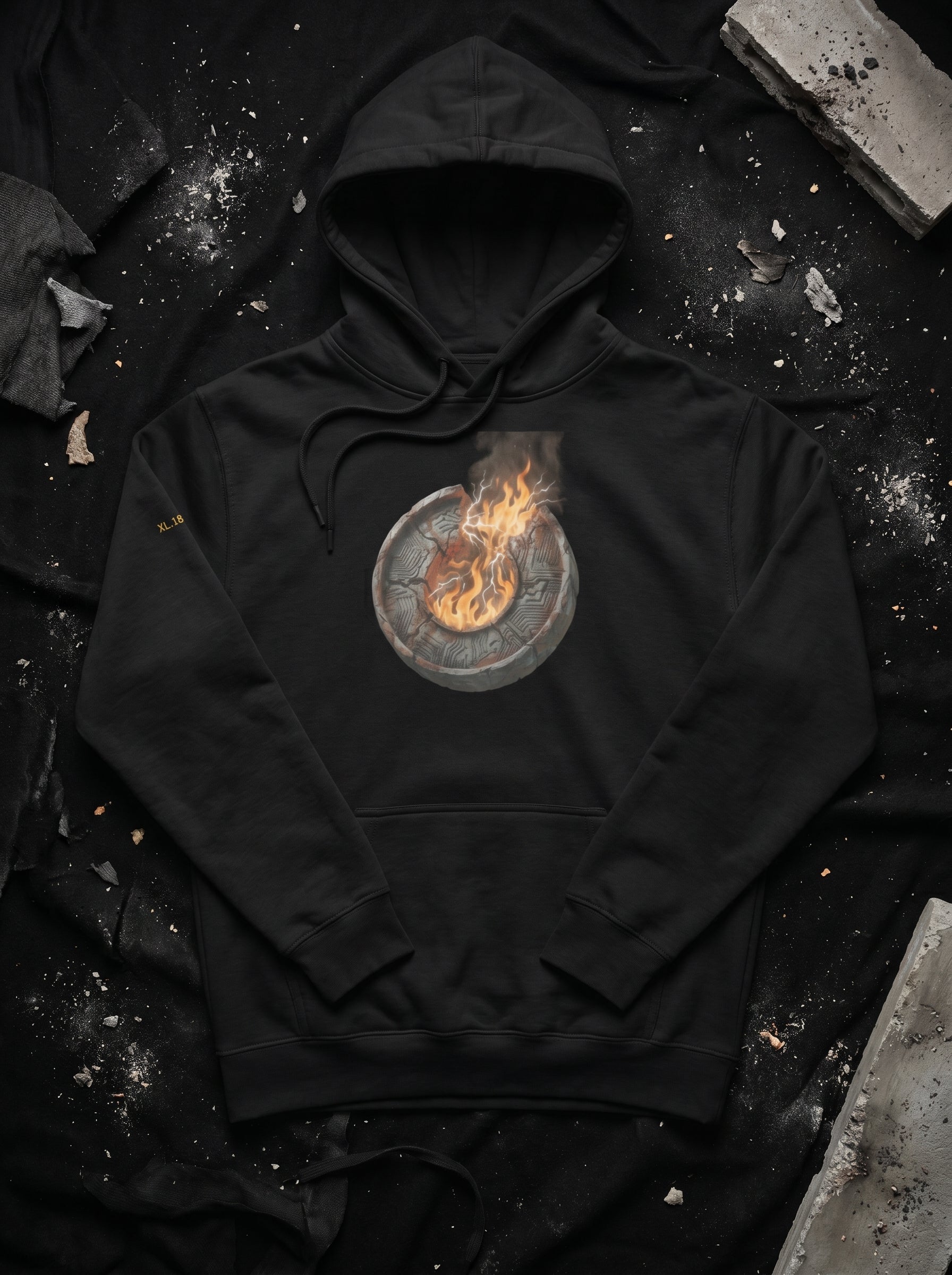 Front flat view of the Selah Supply Co. Black Transmission: Firewall Falls hoodie, displaying the high-definition circular burning core graphic print and textured distressed design elements.
