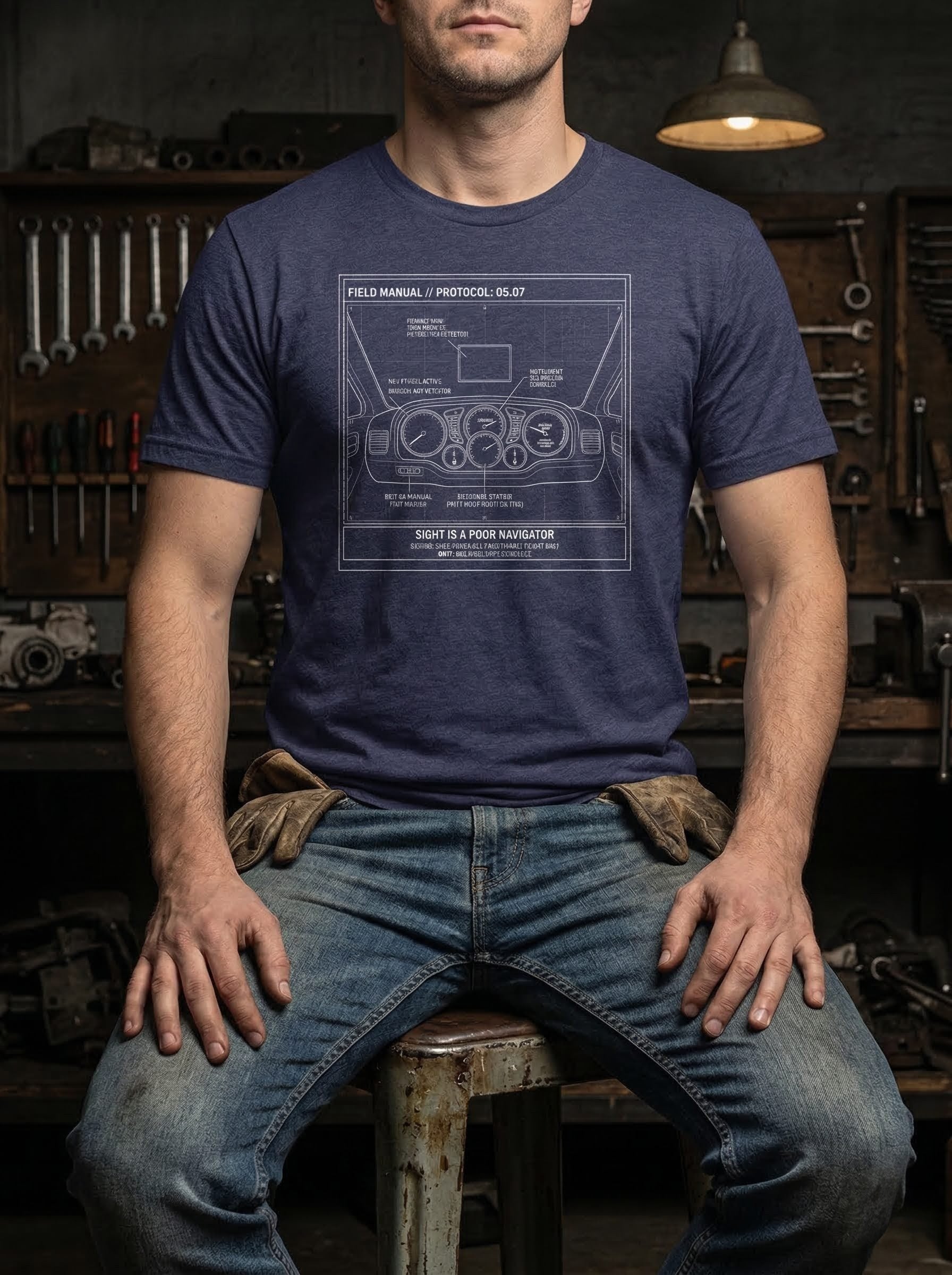 A seated model in the midnight navy heather Component Navigation tee, illustrating the 'Story of the Fog' concept from the Protocol Collection.