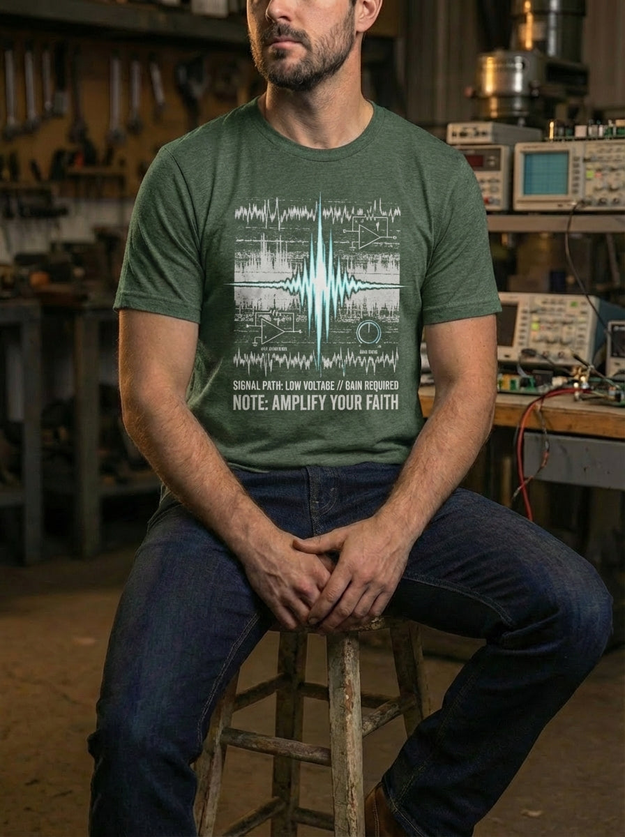 "Selah Supply Co. heather forest green Christian t-shirt. Technical industrial design with James 5:16 'fervent prayer' waveform. Styled in a mechanical workshop setting for a modern urban look."