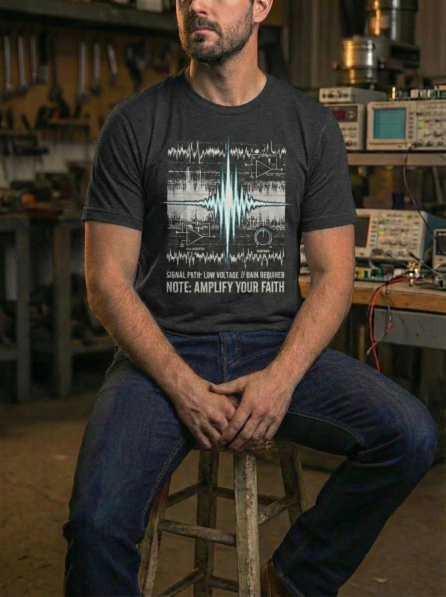 "Selah Supply Co. black heather industrial faith t-shirt. Features a technical audio waveform graphic and 'Amplify Your Faith' text. Premium men's Christian streetwear styled in a gritty garage workshop."